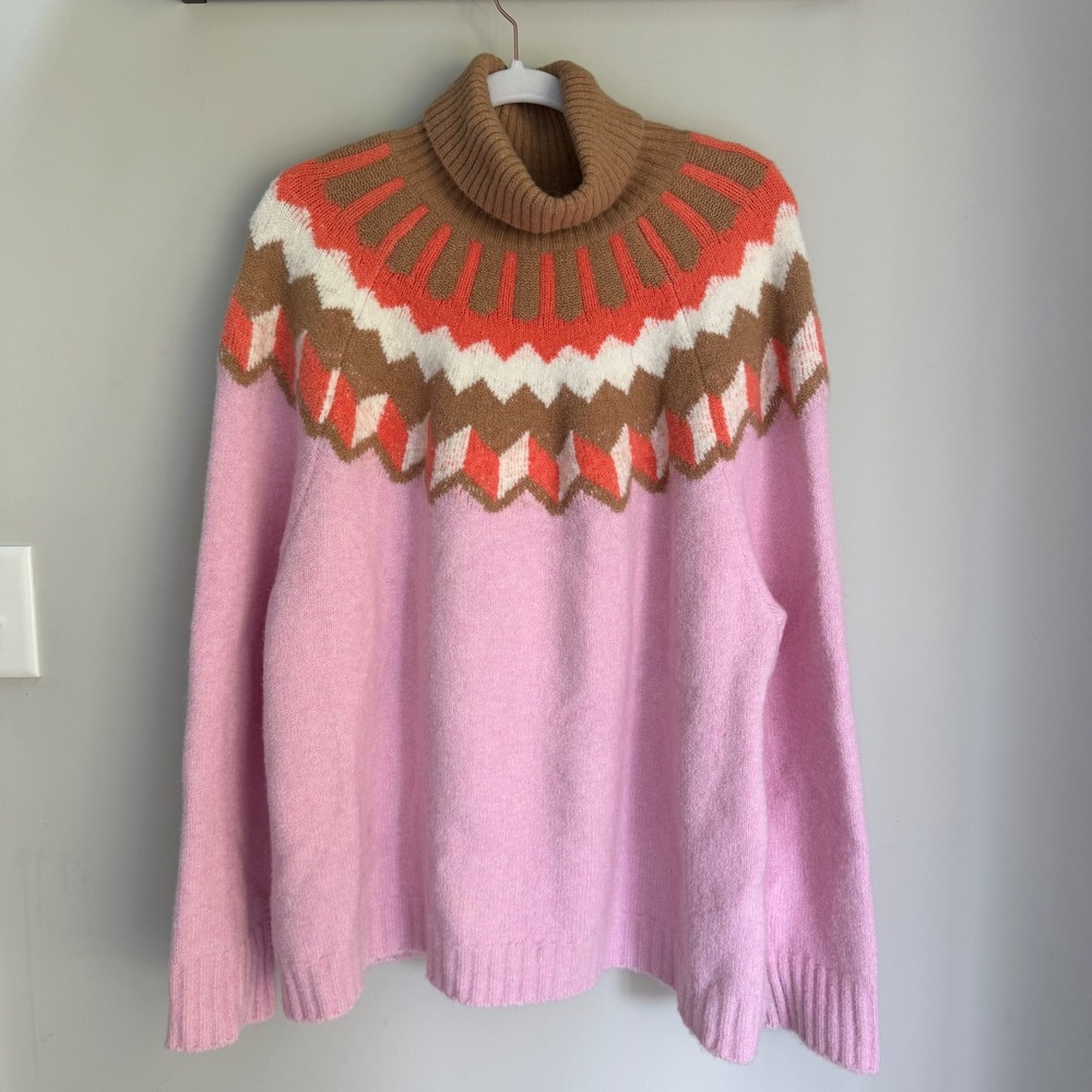 J. Crew Fair Isle Sweater Pink Brown Turtleneck Supersoft Yarn Alpaca Size 2X